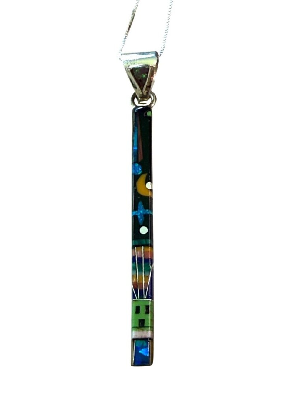 Native American RD Signed Sterling Silver 2-Inch Inlay Pendant Colorful Pattern